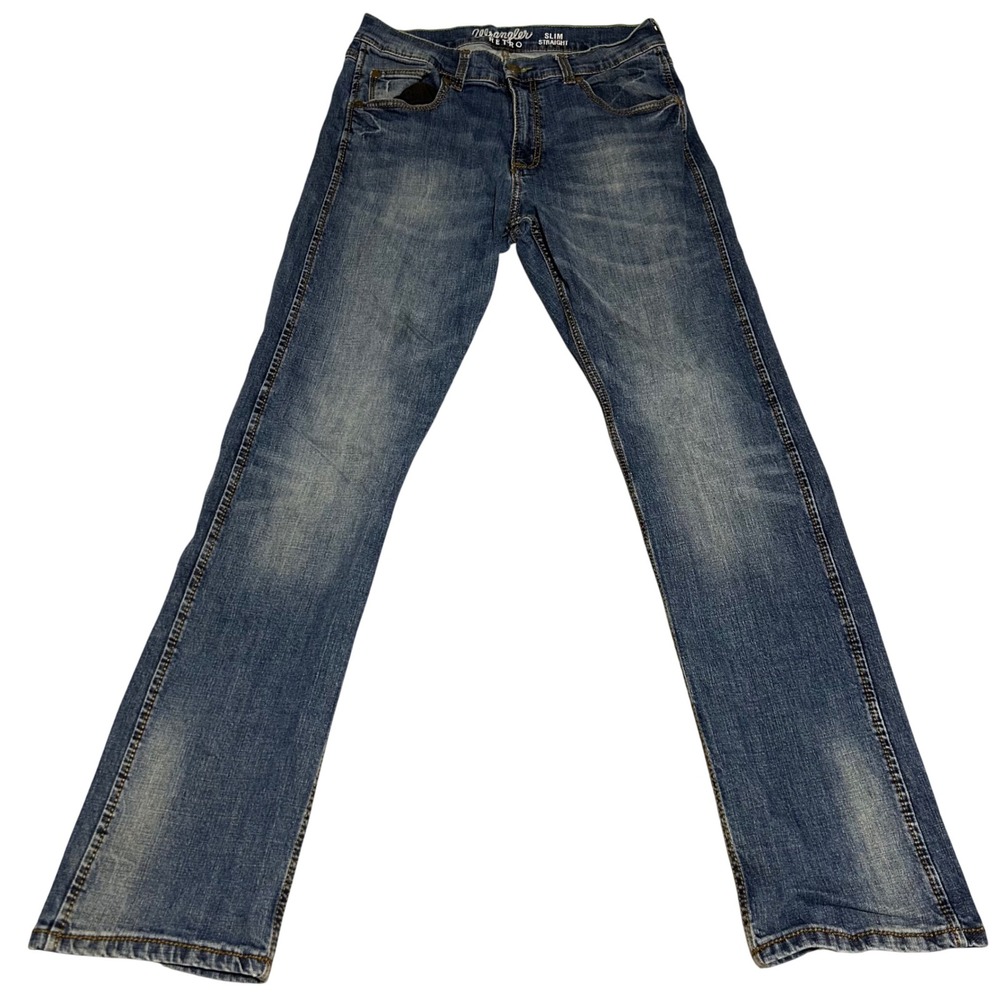 Wrangler Retro Slim Straight Jeans Mens 33x34 Blue Rodeo Distressed Cowboy Cut